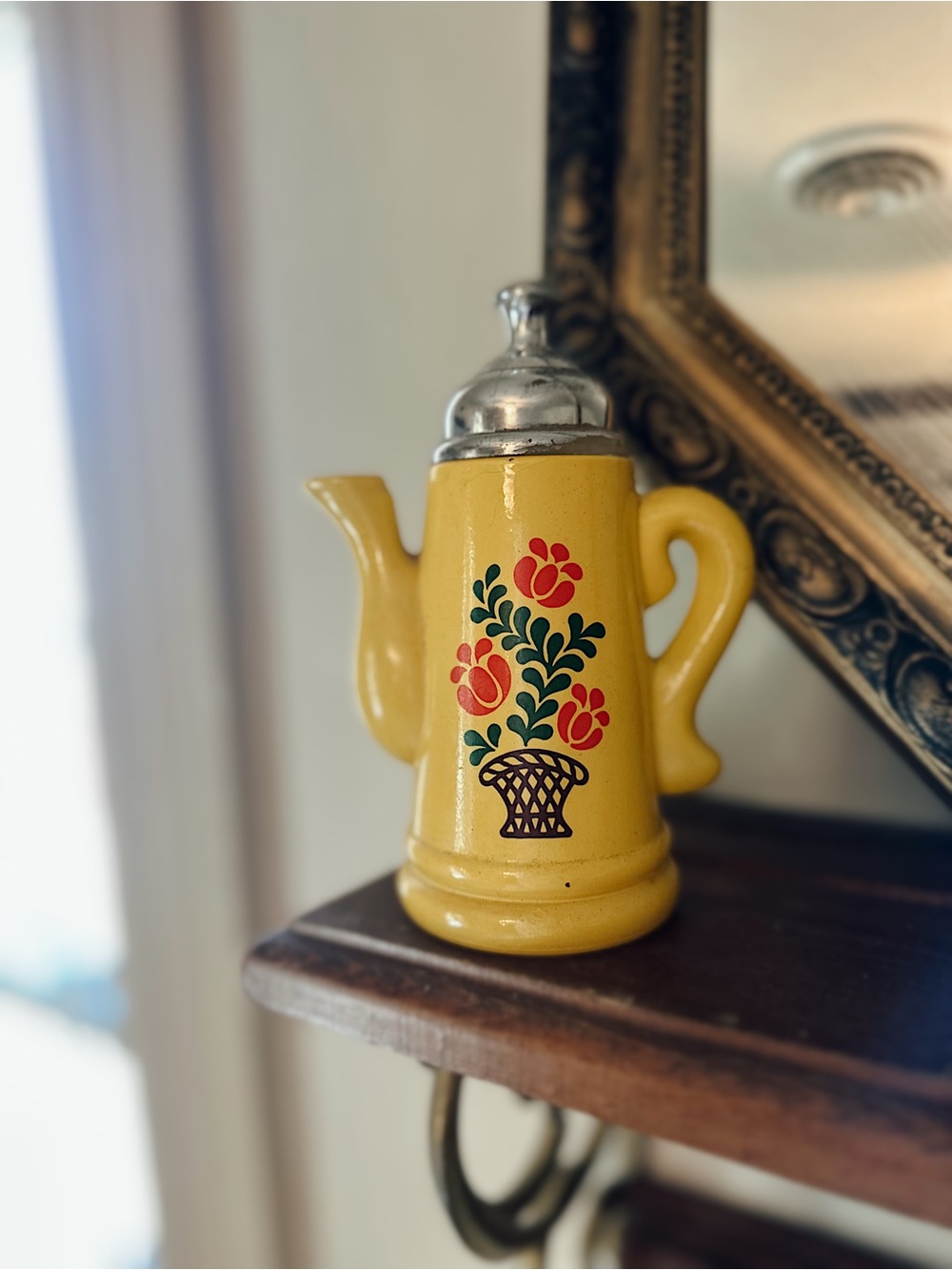 Avon Yellow Floral Ceramic Coffee Pot with Metal Lid